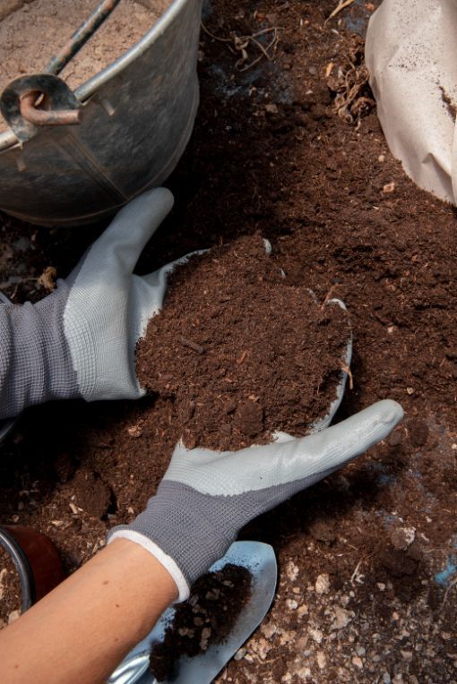 A person wearing gloves is holding a pile of dirt