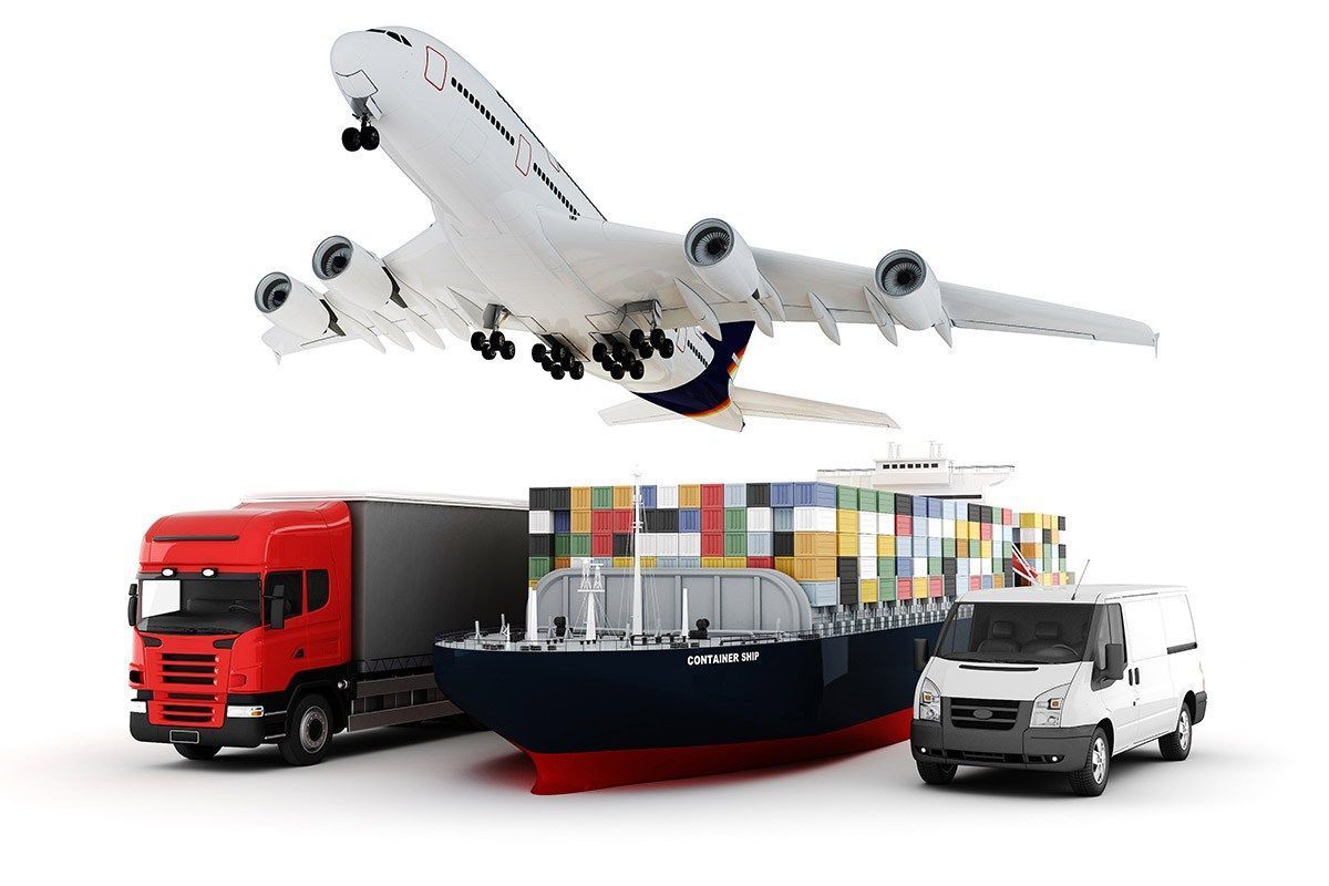 a container ship is next to a truck and an airplane