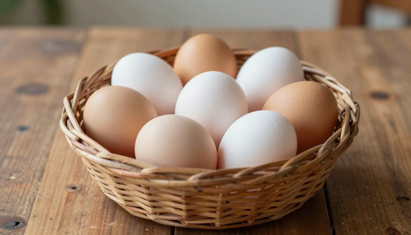 Eggs in a woven basket on a wooden table; some eggs are brown, some are white.