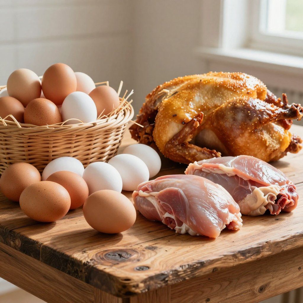 Basket of eggs, roasted chicken, and raw chicken thighs on a wooden table.