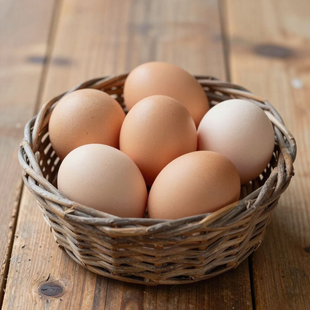 Basket of brown and beige eggs on a wooden table.