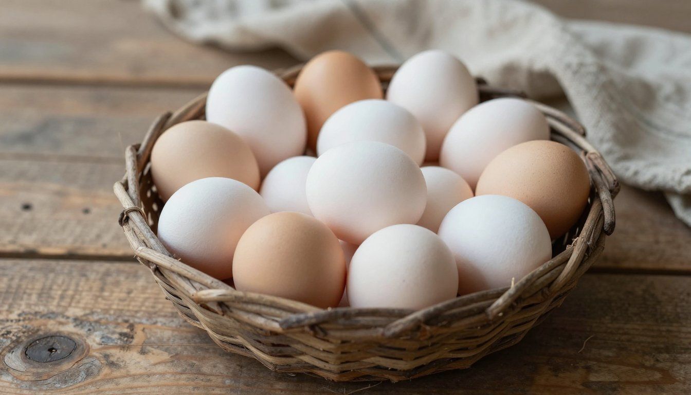 Basket of white and brown eggs on a wooden surface.