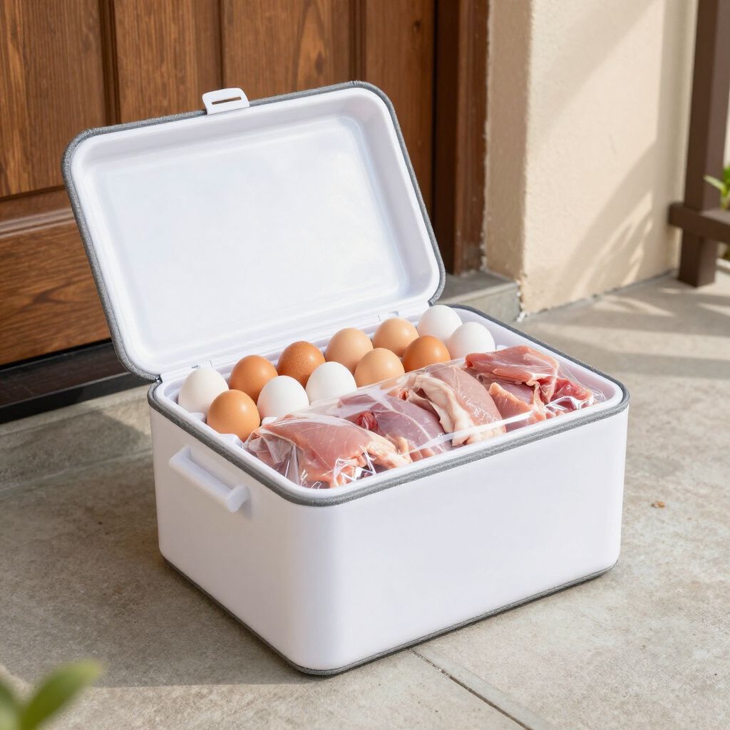 White insulated food storage container with raw chicken and eggs, next to a door.
