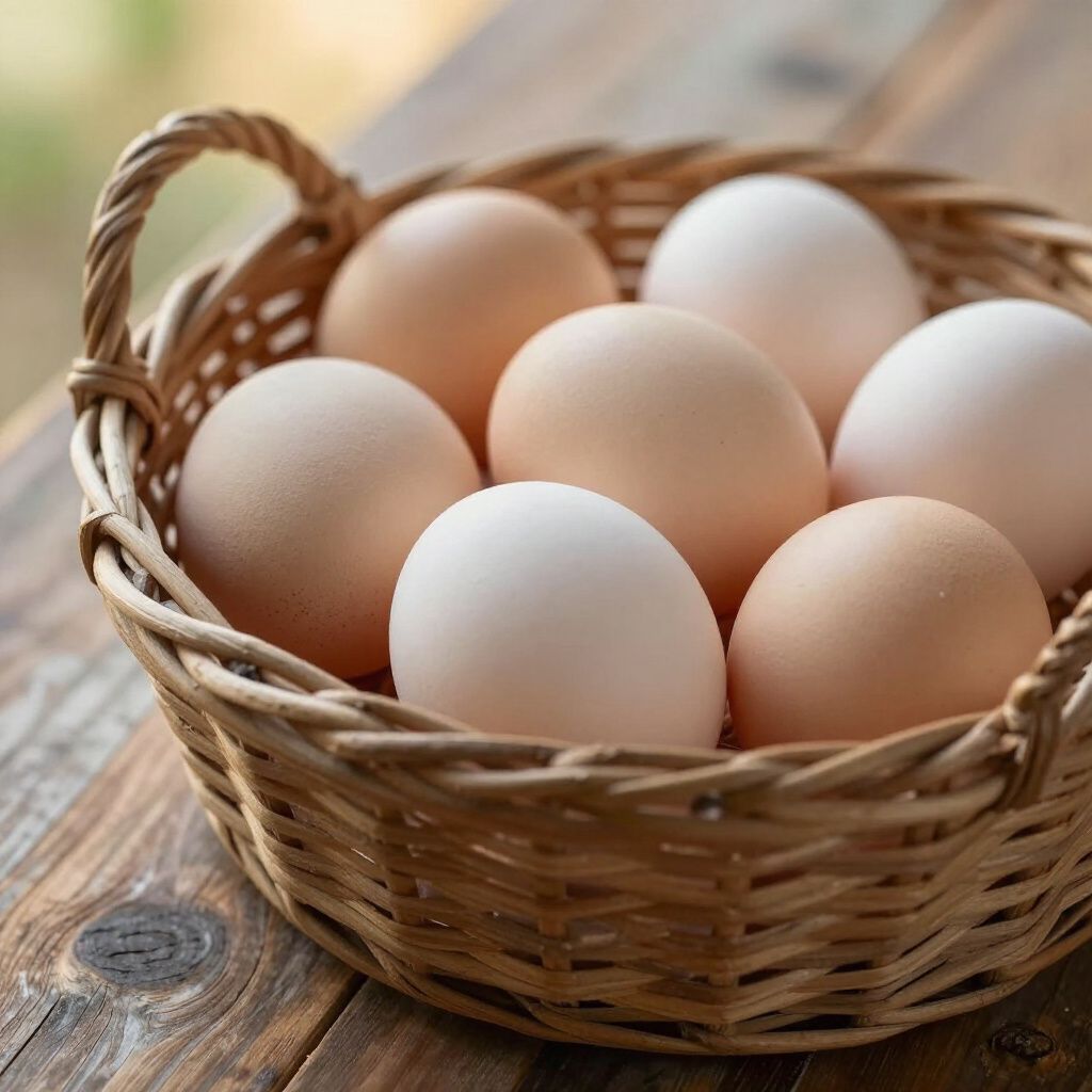 Basket of brown and white eggs on a wooden surface.