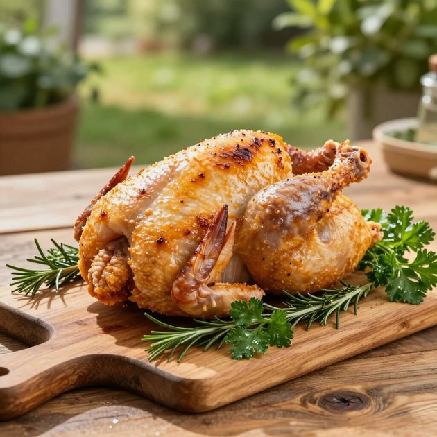 Roasted chicken on a wooden cutting board, garnished with rosemary and parsley. Outdoors in natural light.