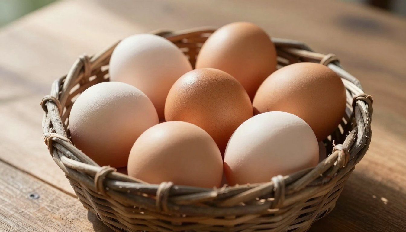 Basket of brown and beige eggs on a wooden table.