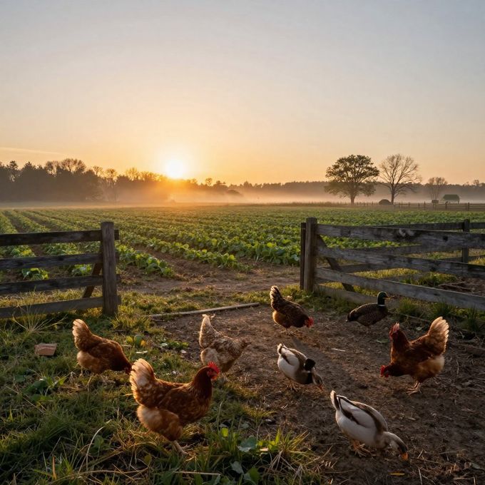 Chickens near a farm gate, with a field in the background at sunrise.