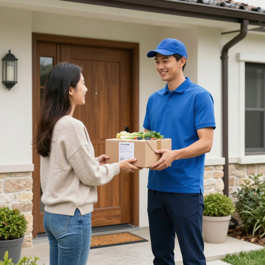 Delivery person in blue shirt hands a box to a woman at a house.