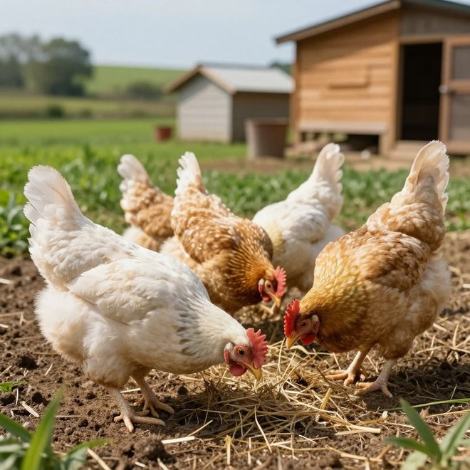 Chickens pecking at the ground in front of a wooden coop on a farm.