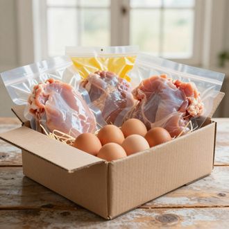 Cardboard box with raw chicken pieces, eggs, and broth packets.