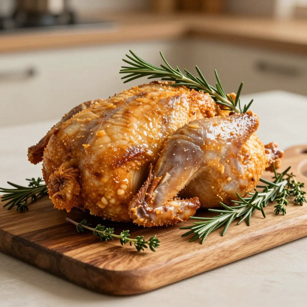 Roasted chicken on a wooden cutting board, garnished with rosemary and thyme in a kitchen setting.