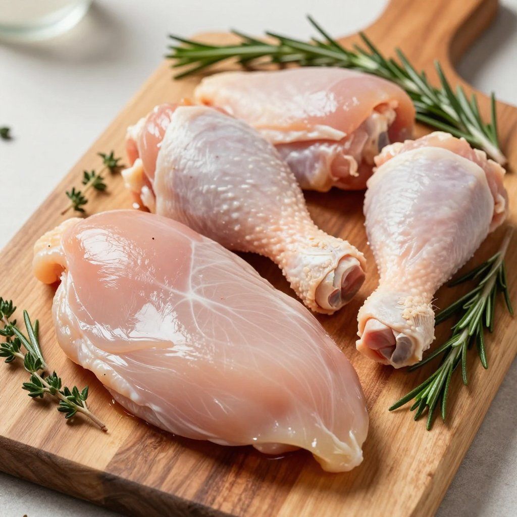 Raw chicken pieces on a wooden cutting board with rosemary sprigs.