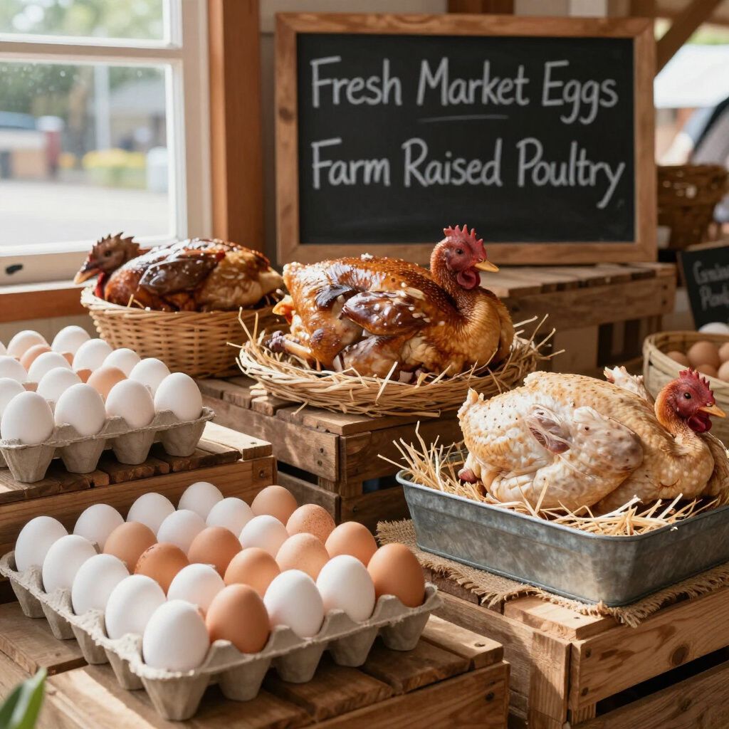 Market display: eggs and roasted chickens on wooden crates, chalkboard sign reads 