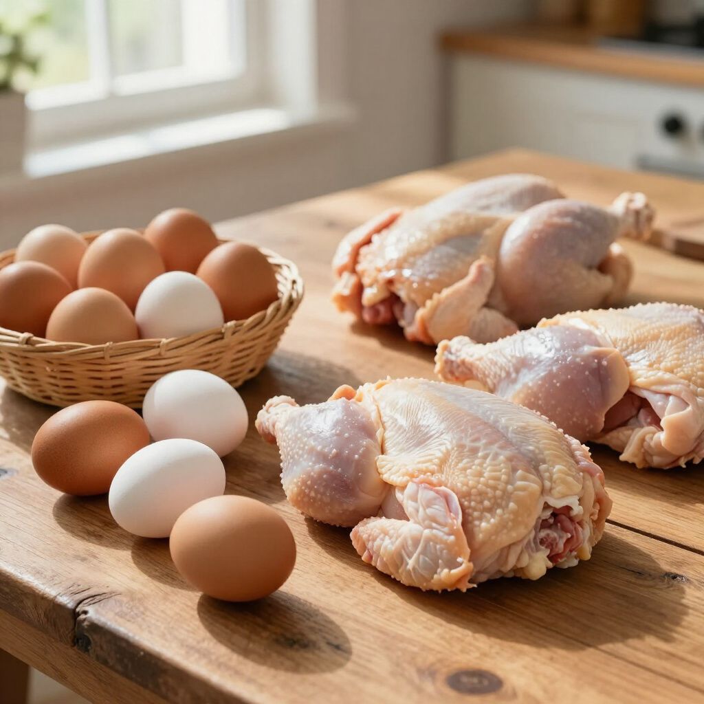 Raw chickens and eggs on a wooden table near a window.