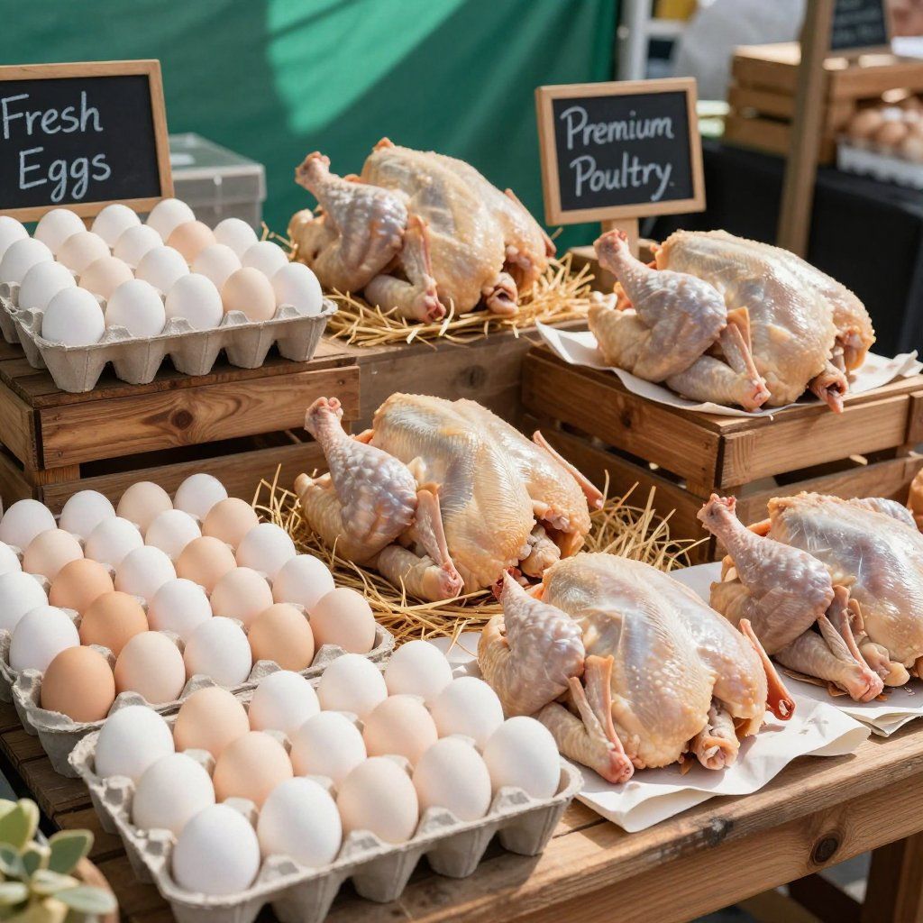 Eggs and raw poultry on display at a market stall.