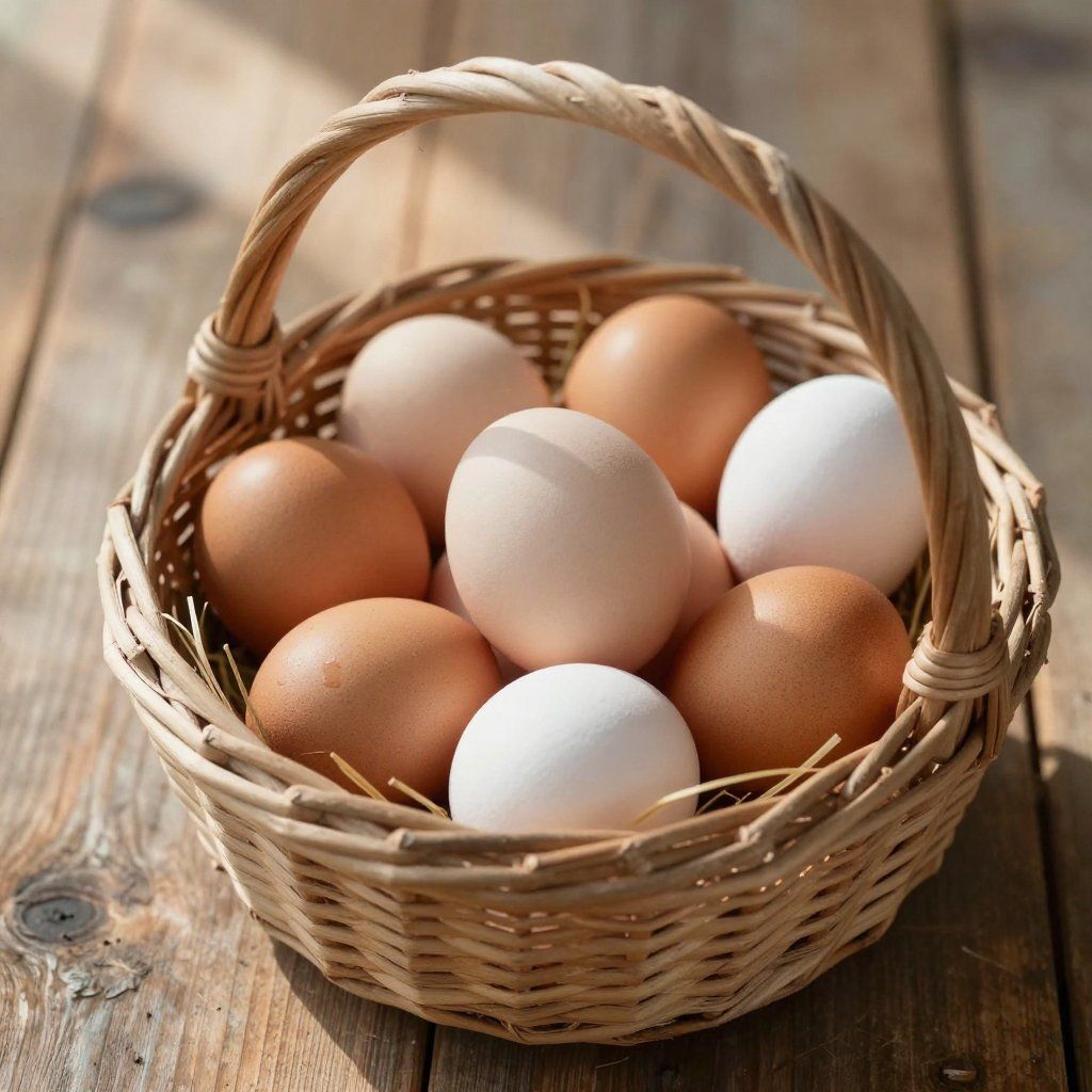 Basket of brown and white eggs on a wooden surface.