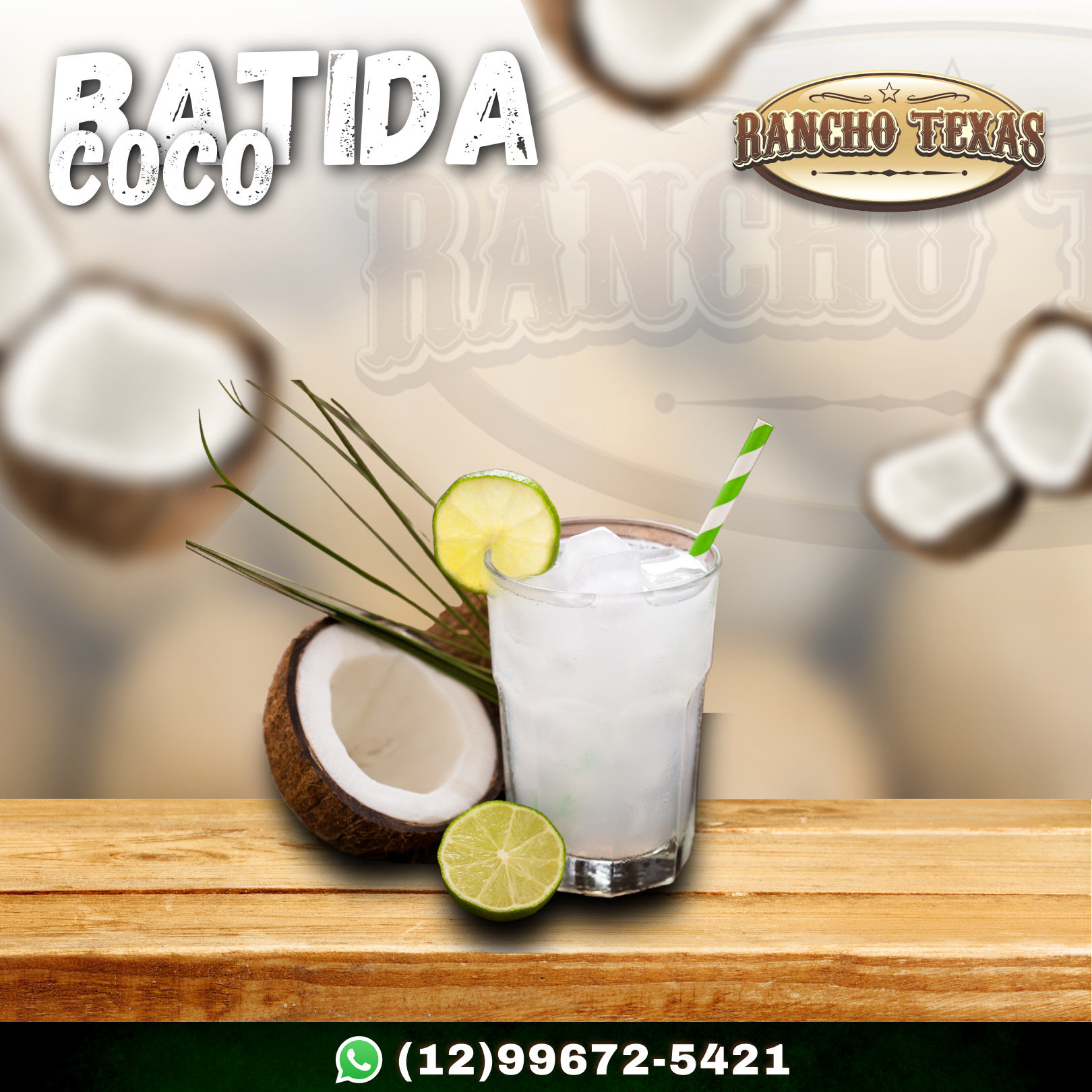 Um copo de leite de coco com canudo sobre uma mesa de madeira.