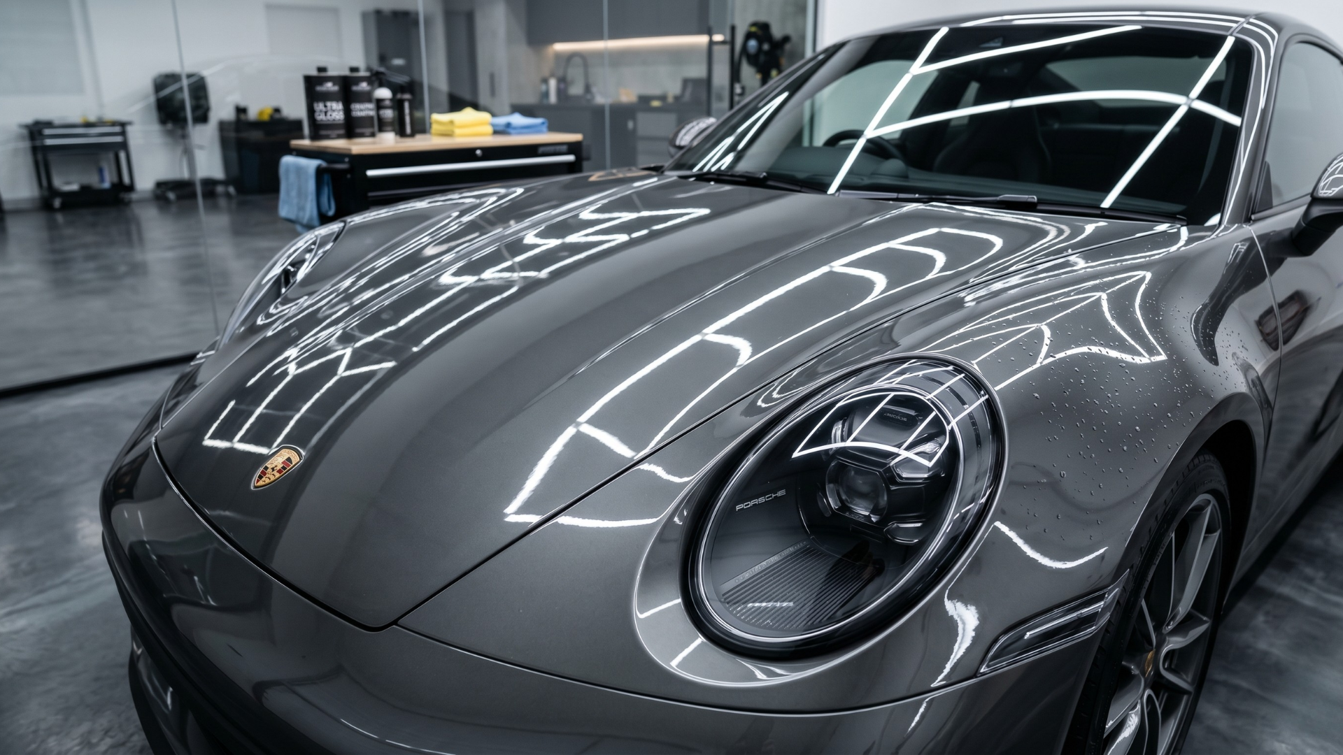 Black Lucid Air sedan parked in a garage, showcasing sleek design and silver accents.