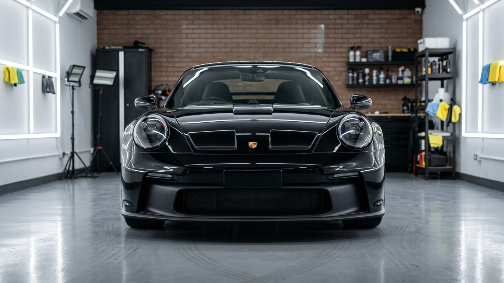 Black Lucid Air sedan parked in a garage, showcasing sleek design and silver accents.