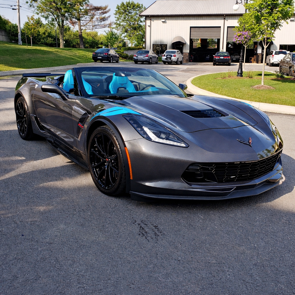 Black Tesla Model S car parked in a garage, with tinted windows and black wheels.