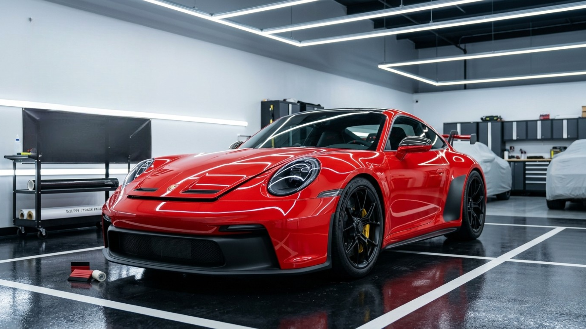 Custom white chopper motorcycle with chrome wheels and flame detailing, parked outside a detailing shop.