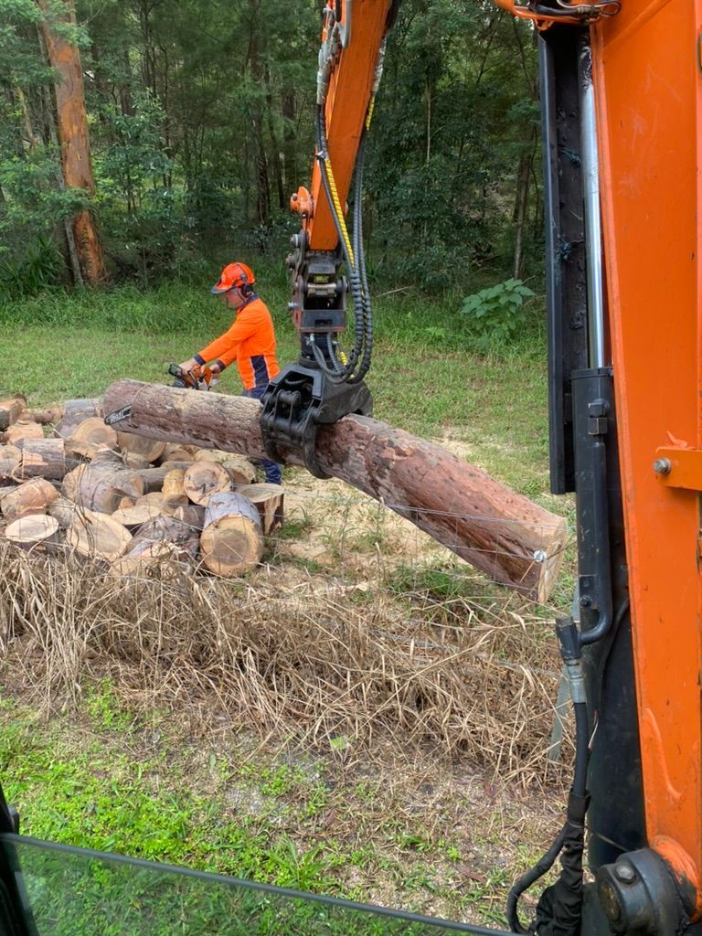 An Orange Excavator Is Working on A Dirt Road in The Woods — MNC Trees in Port Macquarie, NSW