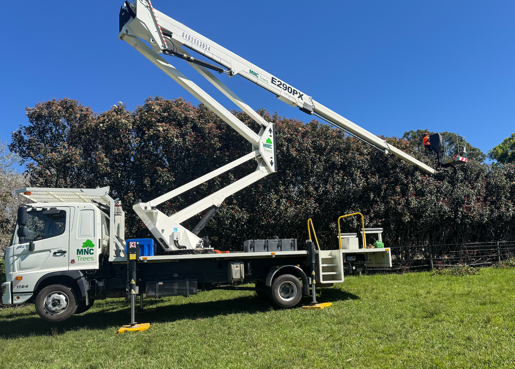 A white truck with a boom lift trimming a tall hedge under a blue sky. — MNC Trees in Port Macquarie, NSW