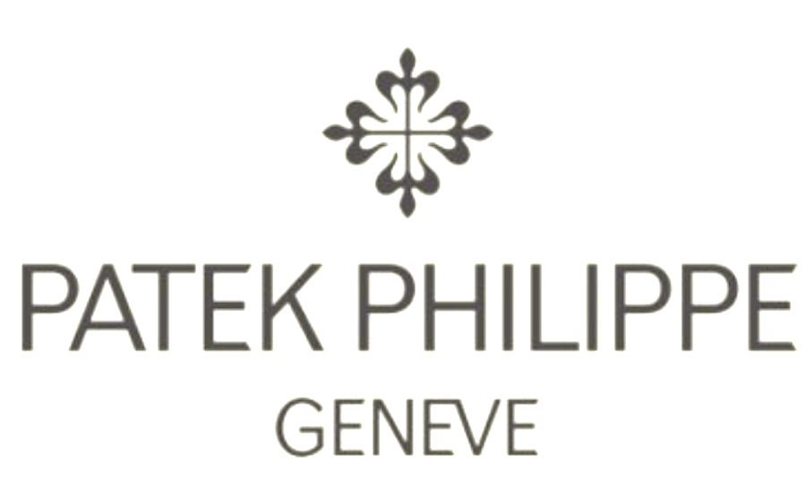Logo Patek Philippe Geneve con un emblema floreale scuro sopra il nome del marchio e 