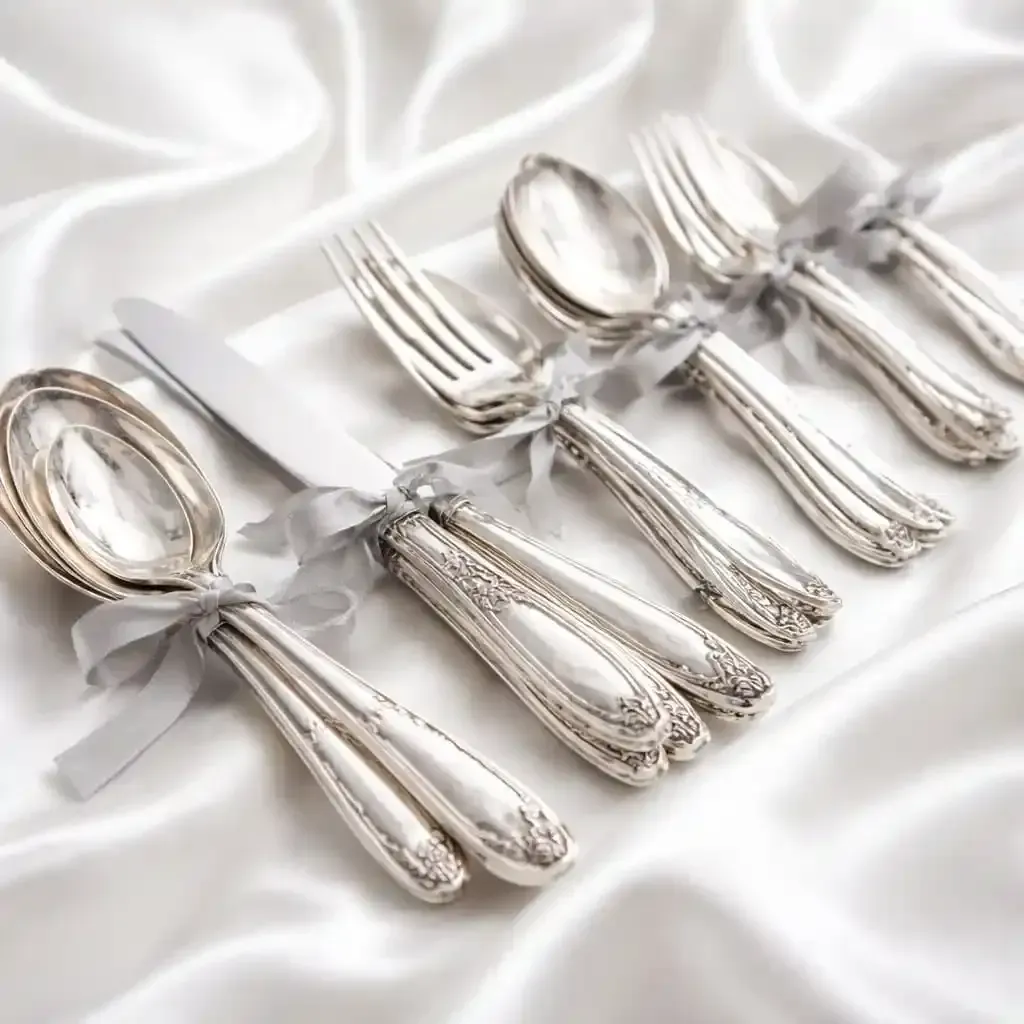 Posate da dessert in argento con manici decorati, disposte su un tessuto di raso bianco.
