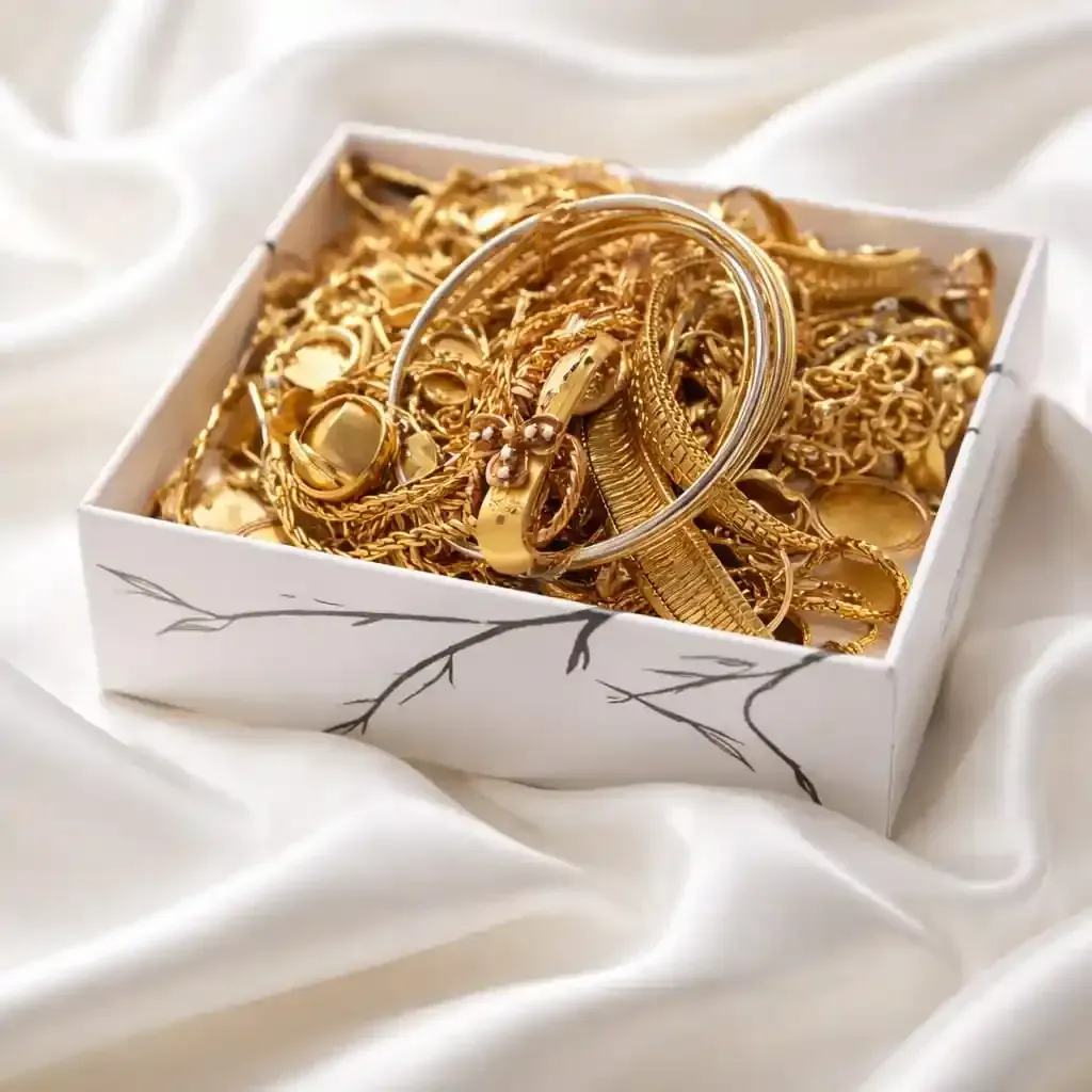 Scatola bianca piena di gioielli d'oro su tessuto di raso bianco