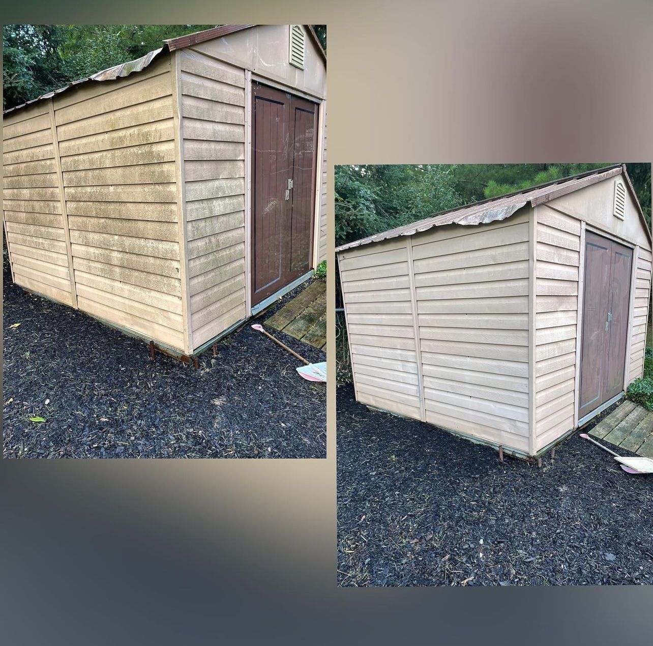A before and after picture of a wooden shed.