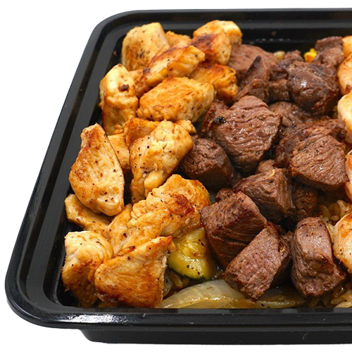 A black plastic container filled with meat and chicken