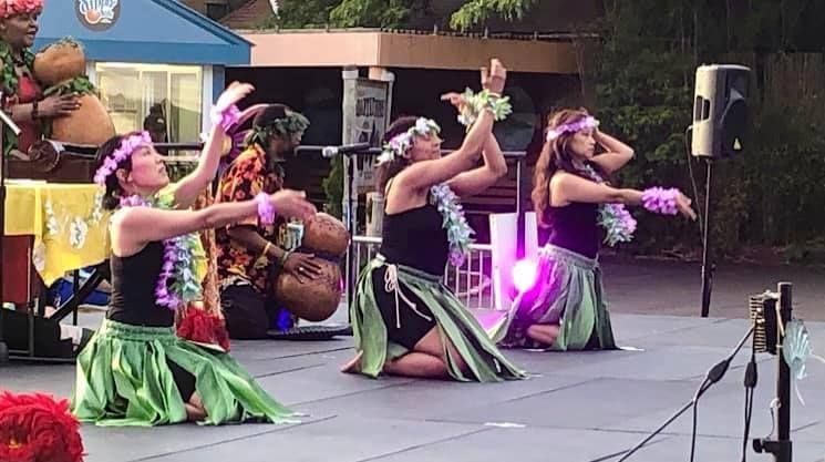 A group of women are performing a hula dance on a stage.