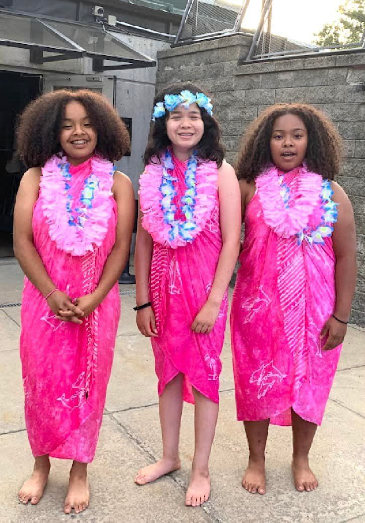 Three girls in pink dresses and lei necklaces are standing next to each other.