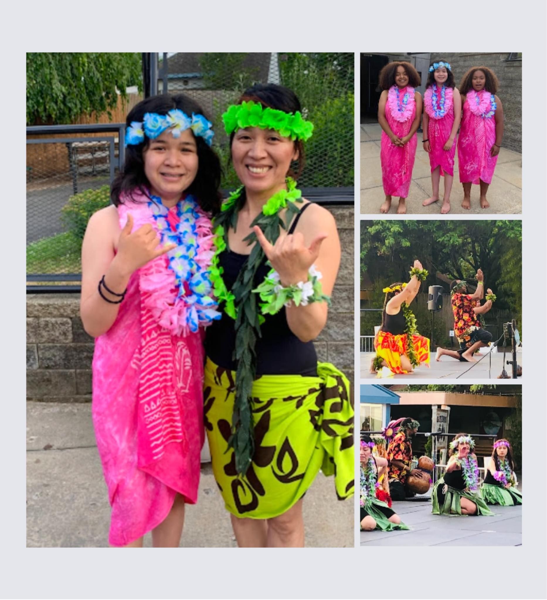 A collage of photos of women in hawaiian costumes