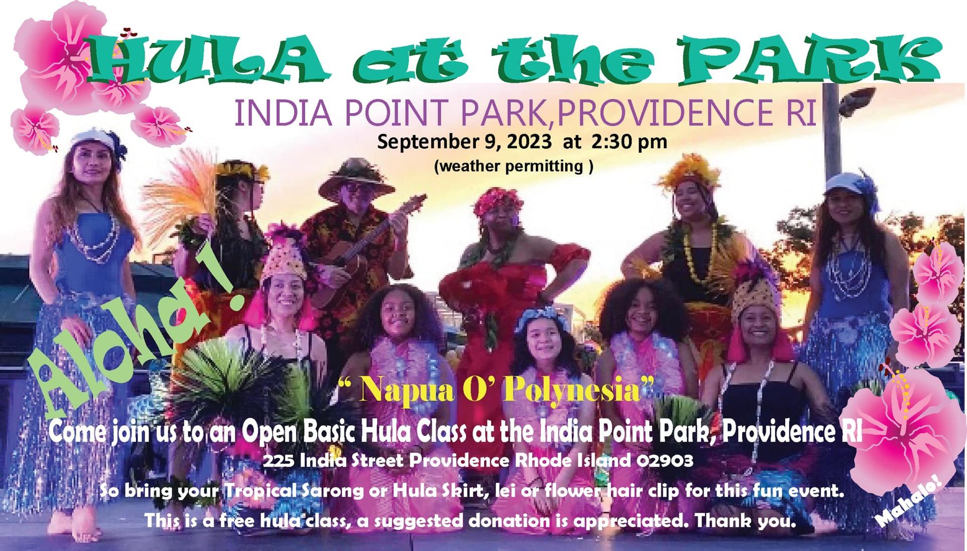An advertisement for hula at the park in india point park