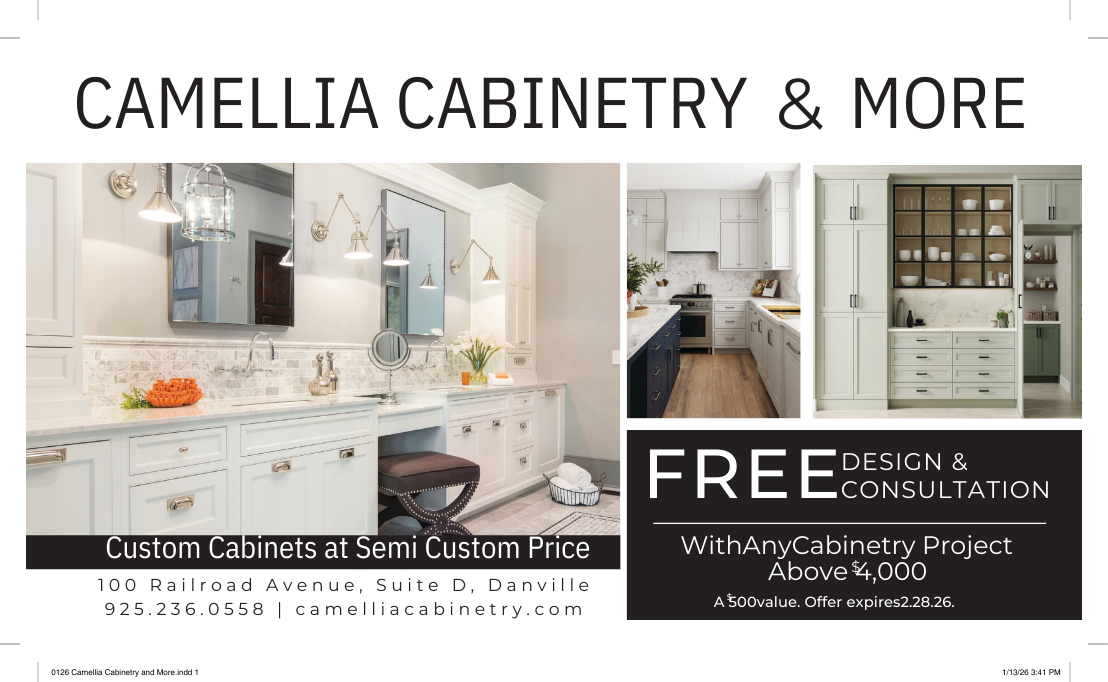 Advertisement for Camellia Cabinetry & More featuring custom cabinets and a free design consultation.