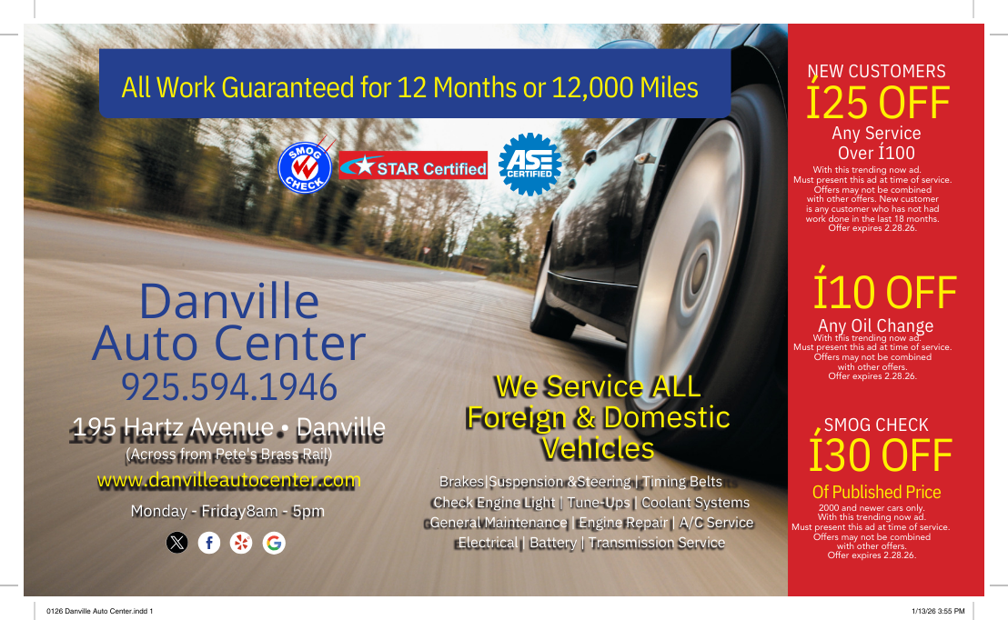 Advertisement for Danville Auto Center, offering service discounts. Includes a car graphic and contact information.