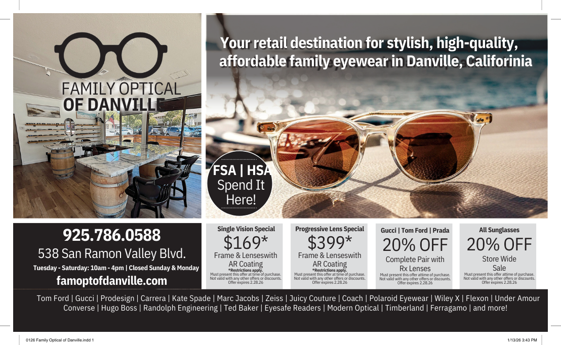 Advertisement for Family Optical of Danville, CA, offering eyewear. Includes a photo of glasses and contact lens deals.