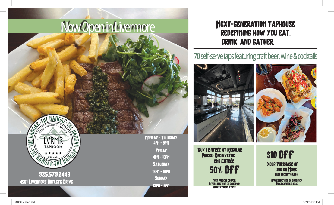Restaurant advertisement: New location in Livermore. Steak & fries, $10 off, and 50% off.