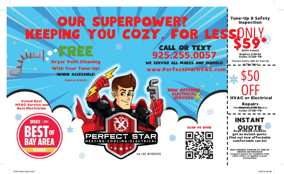 Advertisement for Perfect Star HVAC services. A superhero character offers free dryer vent cleaning, and discounts.