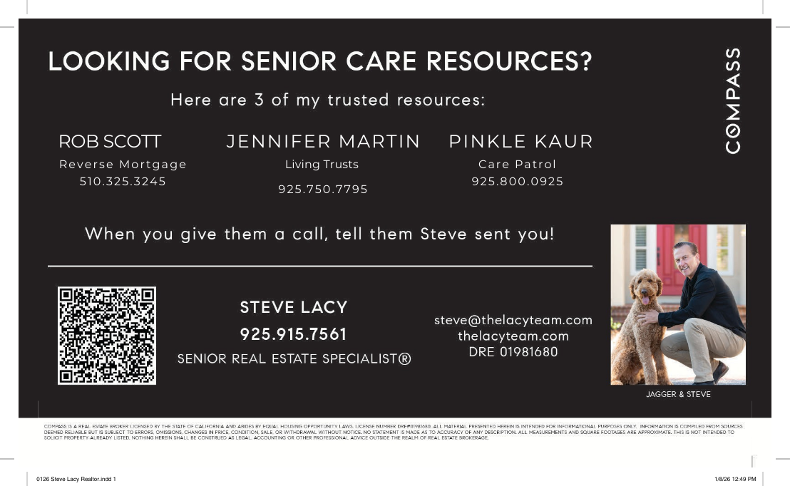 Business card for senior care resources with contact info and photo of a man and dog.