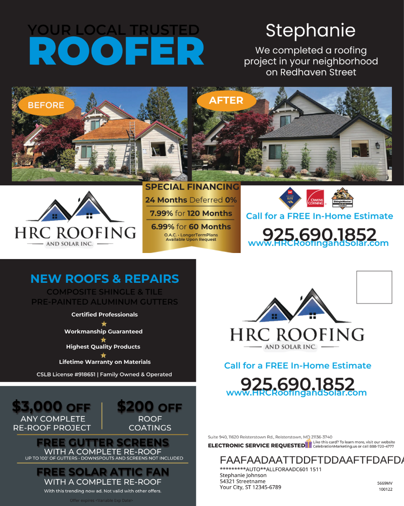 Advertisement for HRC Roofing featuring before/after photos, financing options, and discount offers.