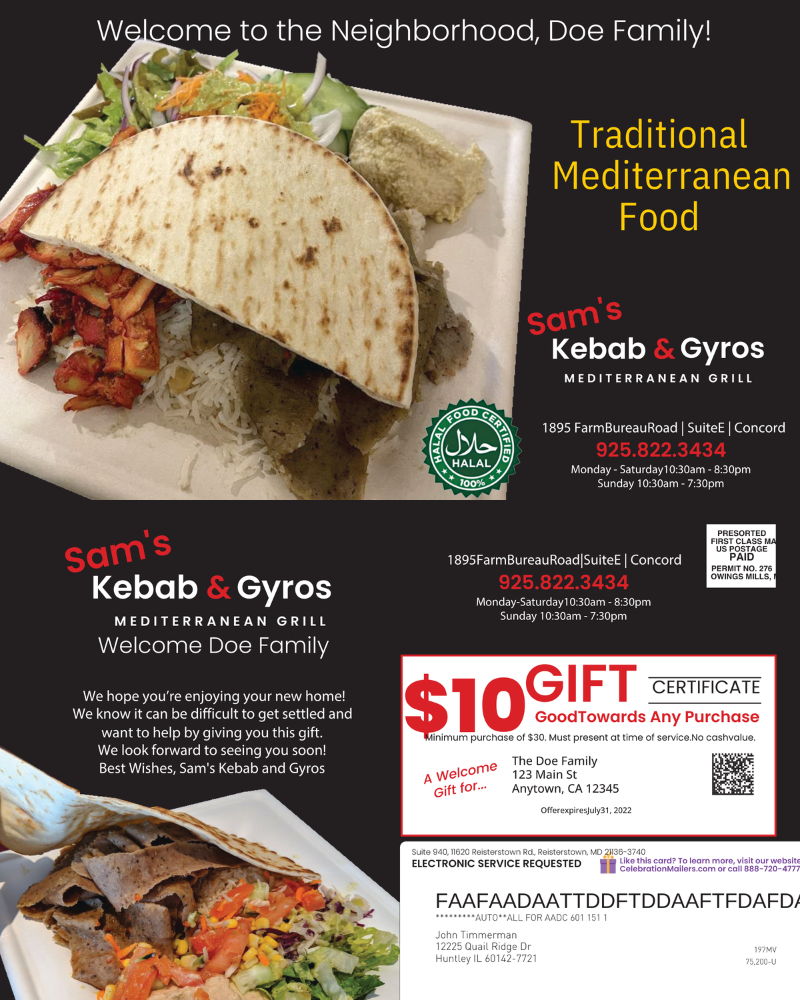 Advertisement for Sam's Kebab & Gyros restaurant with Mediterranean food and a $10 gift certificate.
