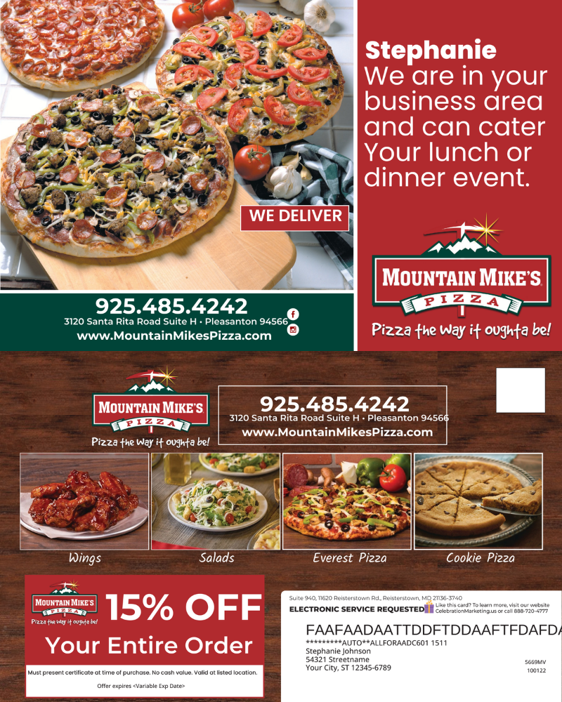 Mountain Mike's Pizza ad: pizzas, wings, salad, and a discount offer.