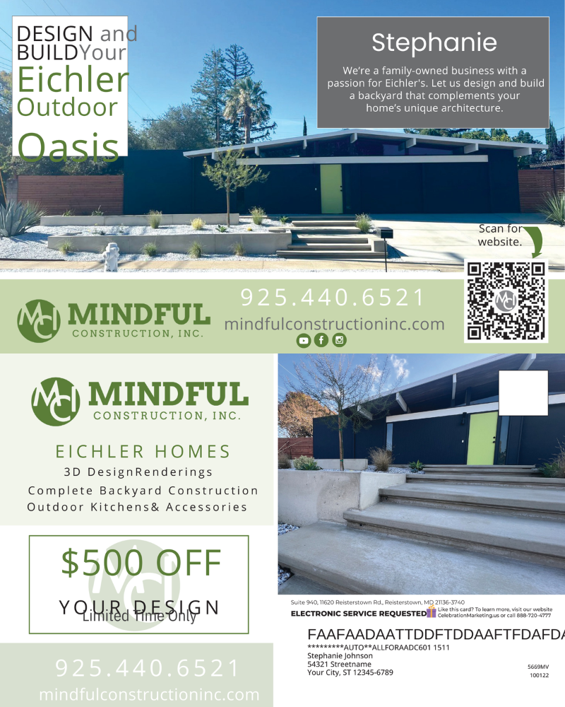 Advertisement for Eichler homes with a modern house, logos, and a $500 off design offer.