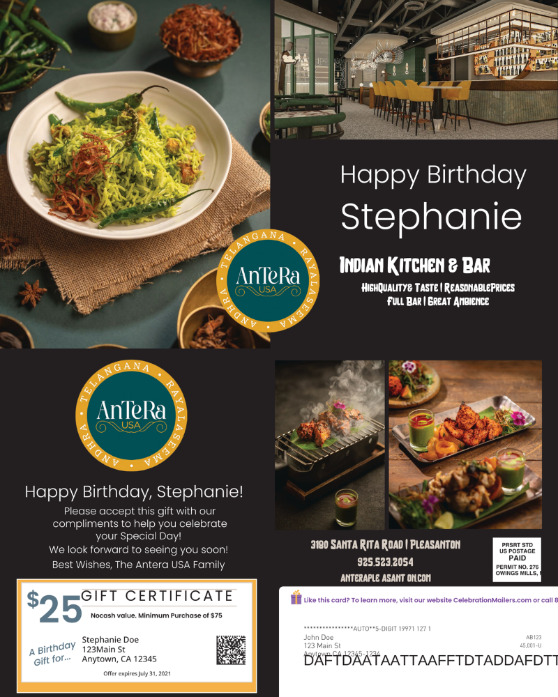 Restaurant ad: A gift certificate for Stephanie's birthday. Includes food photos, a logo, and contact info.