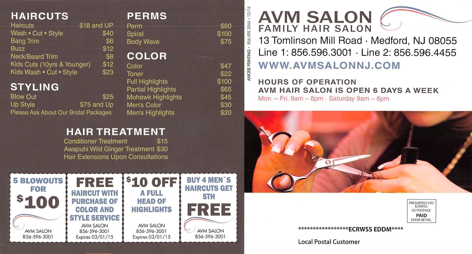 Brochure for AVM Salon with price list and a photo of scissors cutting hair.