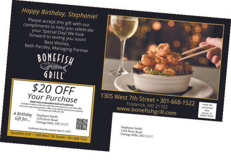 Bonefish Grill birthday gift: $20 off purchase. Includes address, phone number, and image of food and wine.