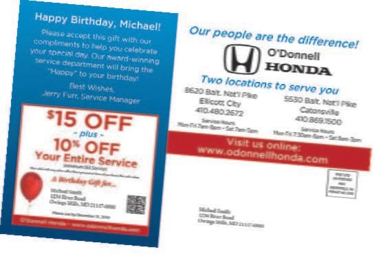 Birthday card from O'Donnell Honda with coupon for service discounts, locations listed.